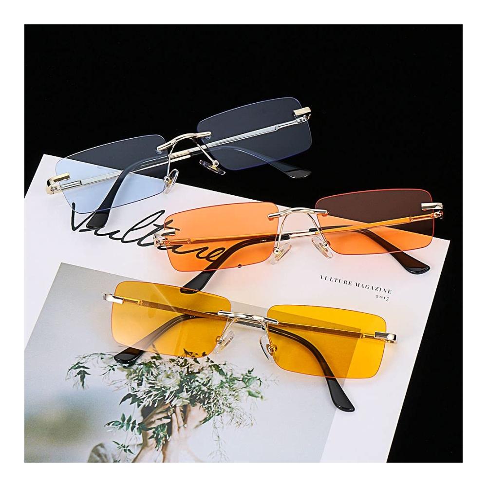 Retro Sonnenbrille - Quadratische Vintage-Brille für Damen und Herren randlos und rechteckig mit getönten Gläsern goldfarbenem Metallrahmen