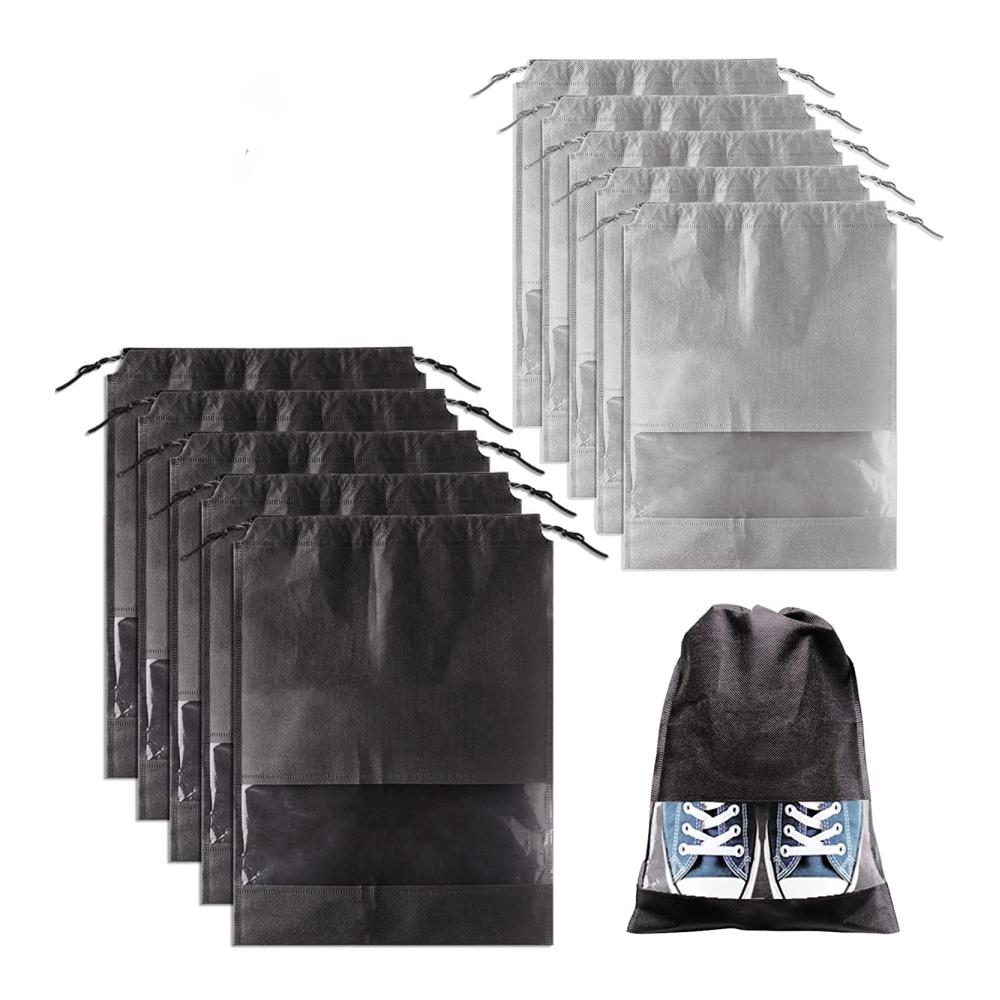 10 Wasserabweisende Schuhtaschen für Reisen und Zuhause - Staubdichter Schuhsack mit Zugband Transparentem Fenster und Großer Aufbewahrungskapazität (45 x 35 cm