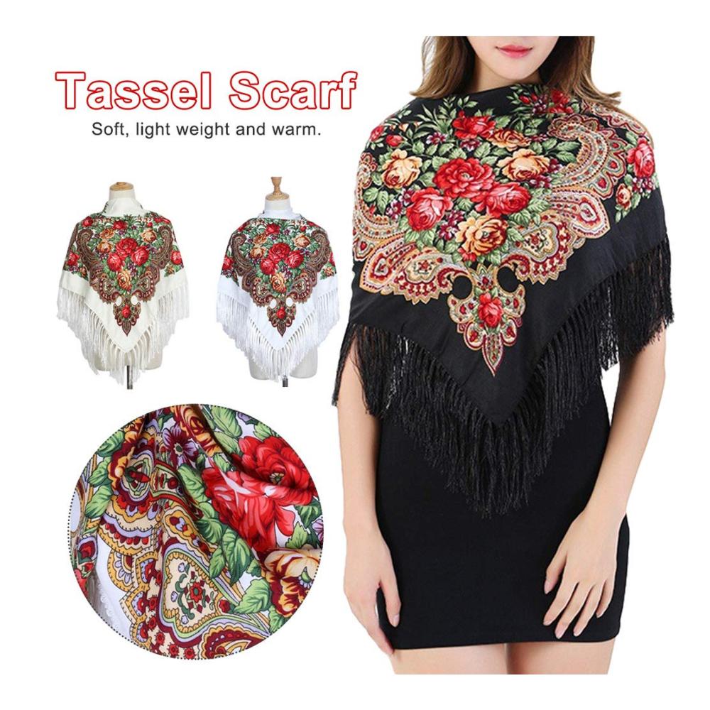 Pashmina Quadratischer Baumwollschal mit langen Quasten im Vintage Folk-Stil für den Frühling und Winter - Frauen Floral Pashmina Cape im russischen Design