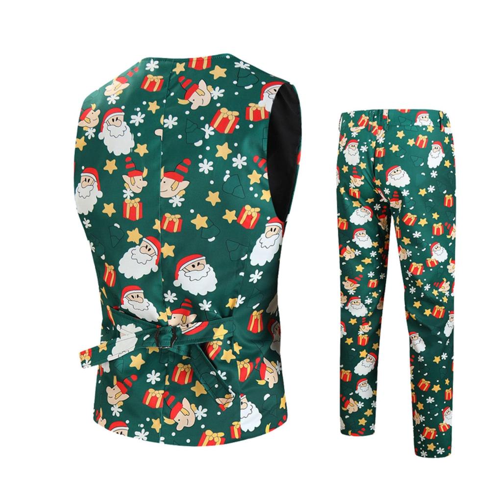 Herren Weihnachtsanzug Set V-Ausschnitt Weste Druckmuster Slim Fit Anzug für Weihnachtsparty
