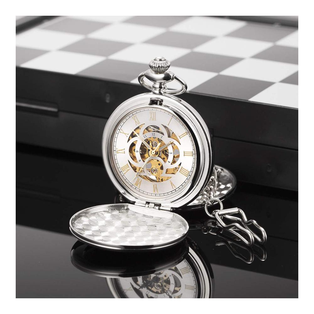 Antike Römische Herren-Taschenuhr mit Kette | Handaufzug Bi-Hinged Silber Graviert | Analog Zeitmessung | Exklusive Vintage Taschenuhr