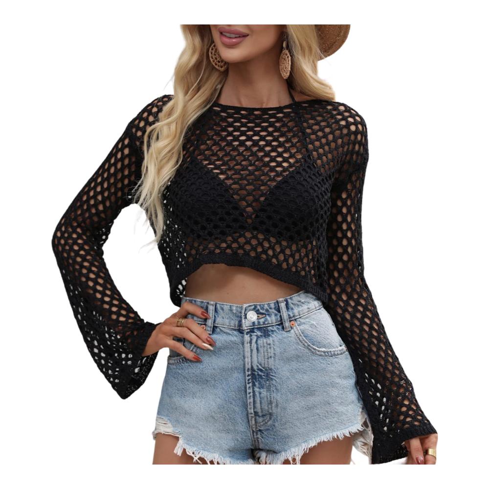 Häkel-Strickpullover Damen Langarm Crop Top mit Hollow Out Design - Y2K Aesthetic Sexy Pullover Vintage Stil - Elegant und Modisch für Frauen und Mädchen