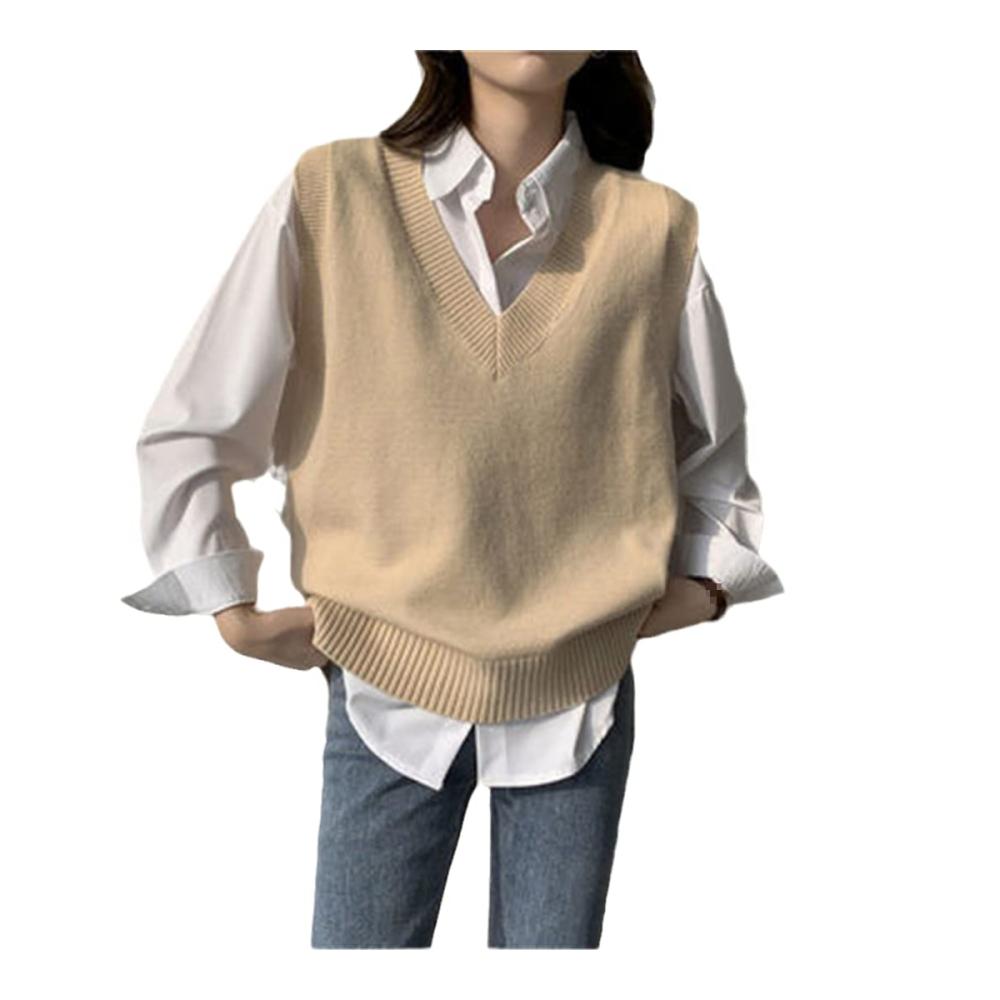 Herbst Winter Damen Pullover Lose V-Ausschnitt Strickweste Ärmelloses Basic Top im Koreanischen Stil