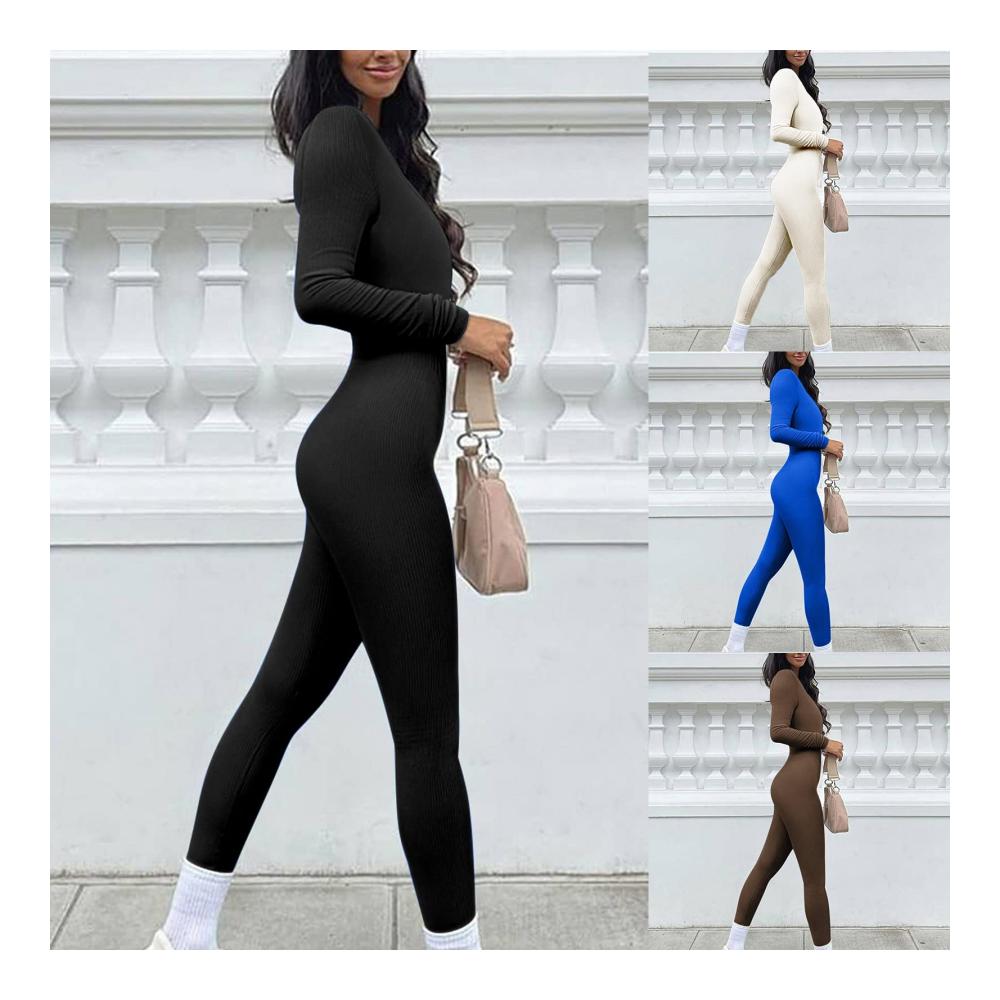 Nahtloser Damen Jumpsuit Sexy Strick Overall mit geripptem Design Stretch Langarm Bodycon Strampler - Perfekt für Drinnen und Draußen Sport & Training