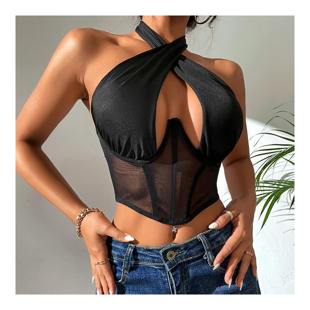 Criss Cross Damen Tanktops - Sexy Y2k Crop Tops mit Neckholder Cut Out Ärmellos Design Rückenfreies Corset Top für Sommer – Einfarbiges Casual Vest Blusentop