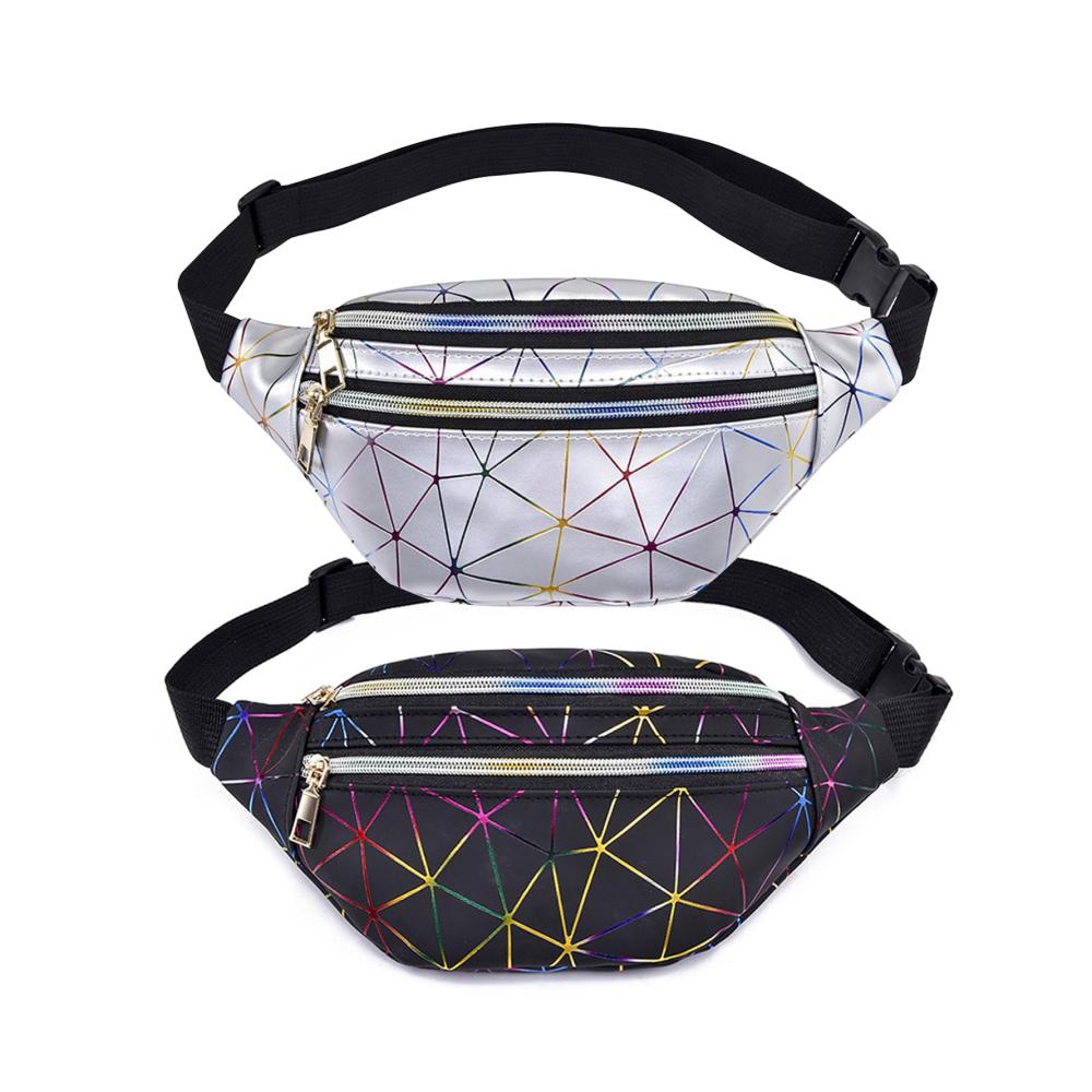 Mode-Hüfttaschen Set (2 Stück) - Wasserdichte Gürteltasche aus PU-Leder mit reflektierendem Design verstellbarem Gurt und glänzendem Metallic-Look für Reisen Partys und Wandern (Schwarz/Silber