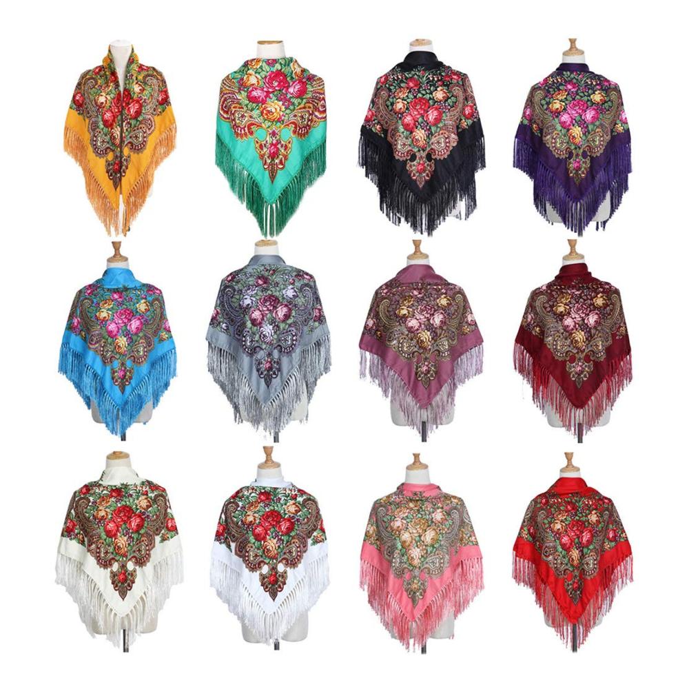 Pashmina Quadratischer Baumwollschal mit langen Quasten im Vintage Folk-Stil für den Frühling und Winter - Frauen Floral Pashmina Cape im russischen Design