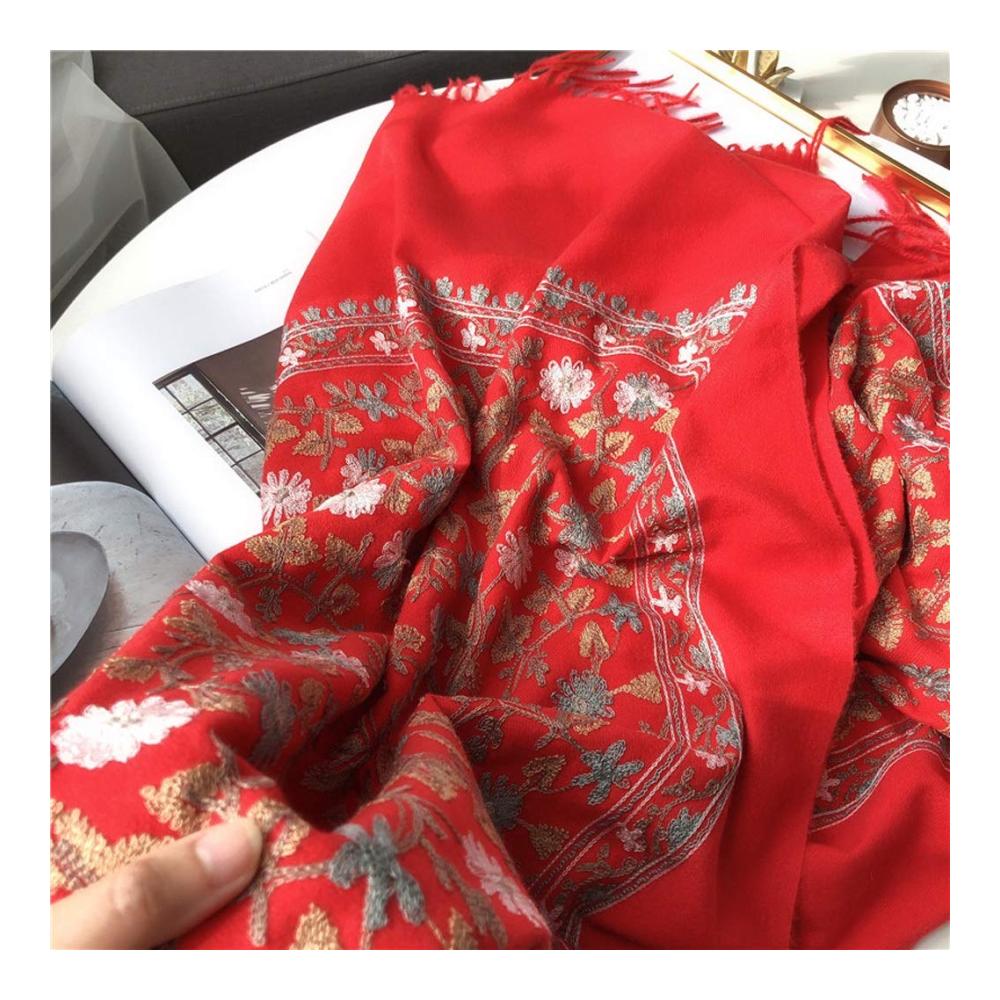 Damen Kaschmir-Schal mit Vintage-bestickten Blumen | Großer Winter-Schal in F für Damen | Warme dicke Schals für Herbst und Winter