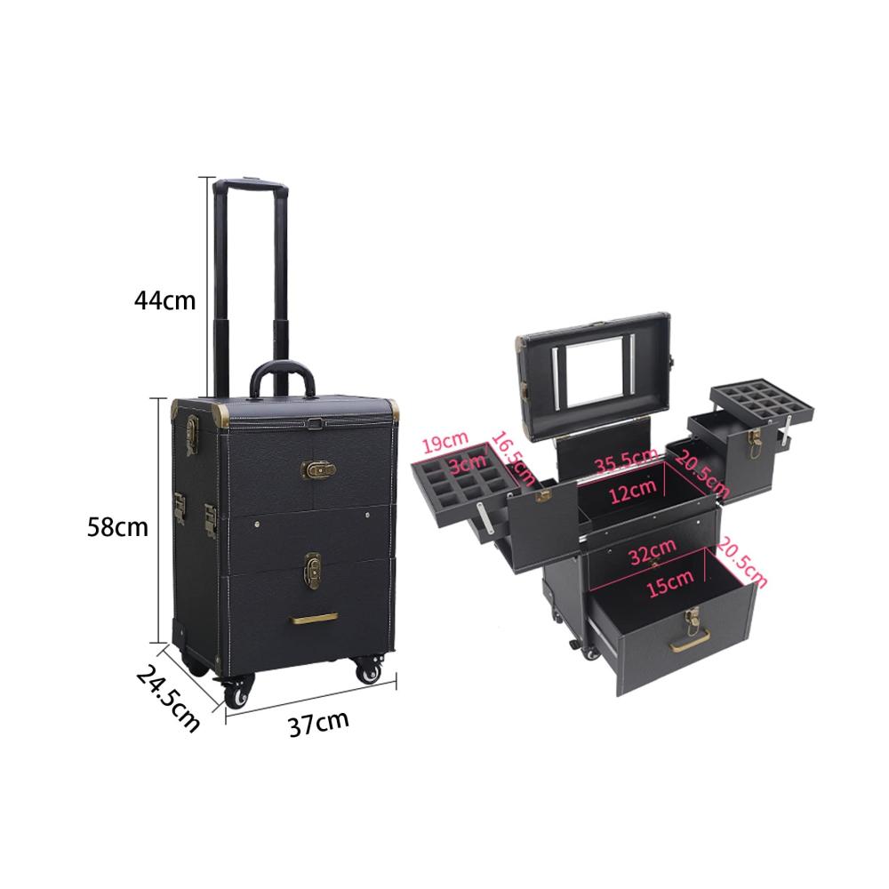 Professioneller Kosmetikkoffer mit Rollen und Spiegel - Großer Schminkkoffer für Reisen und Makeup-Organisation in Schwarz