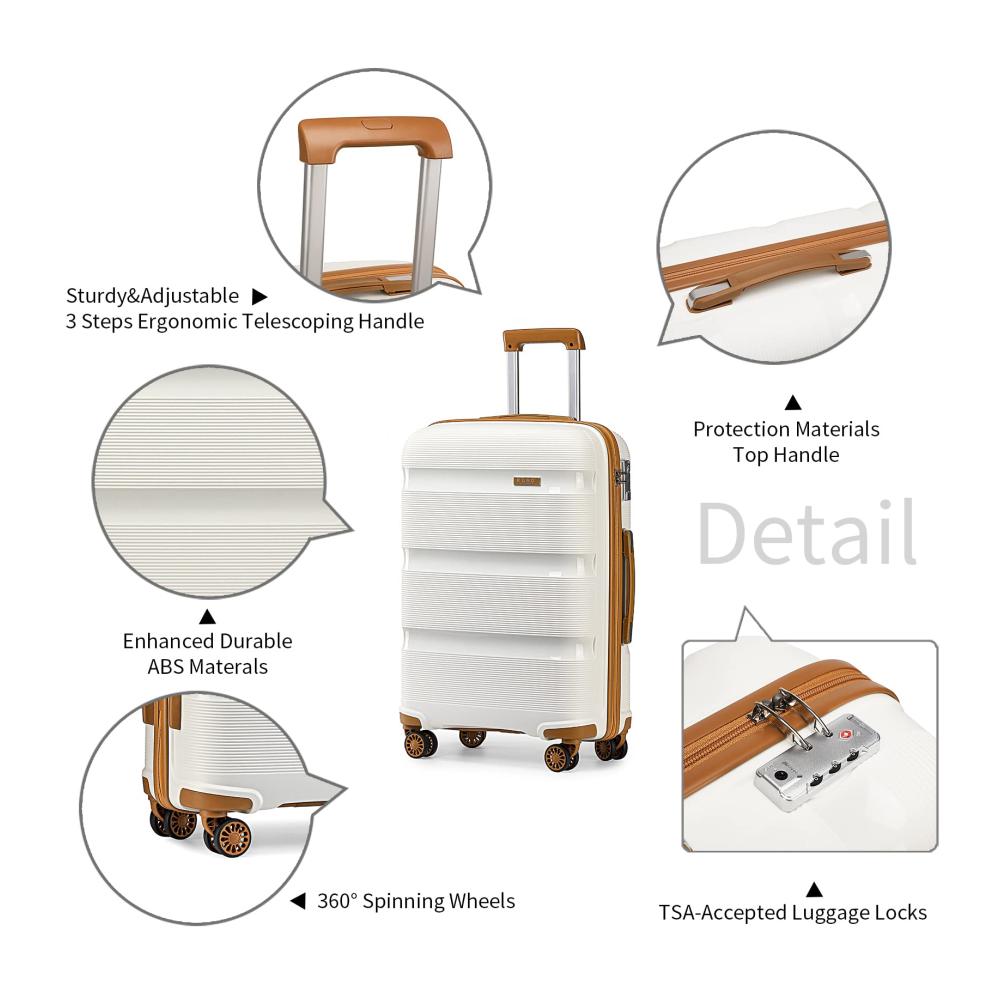 KONO Hartschalenkoffer Set - 3-teiliges Reisekoffer Ensemble (65 cm) mit Leicht Reisetasche und Kulturbeutel Mittelgroßes Gepäck-Set in Weiß/Braun