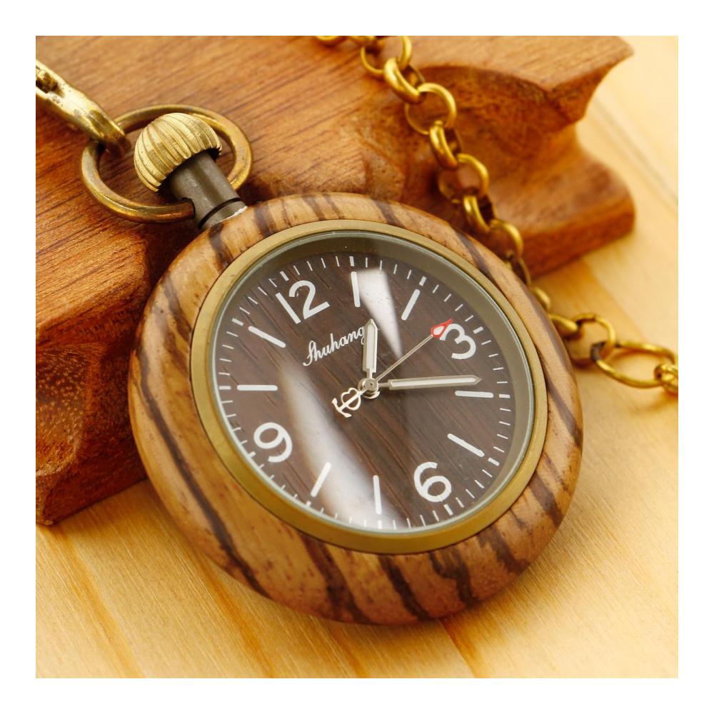 Handgefertigte Holz-Taschenuhr mit 37 cm langer Kette - Römisches & Digitales Zifferblatt Quarz - Für Damen und Herren
