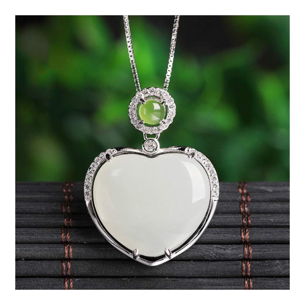 18 Smaragd & Jaspis Herz Anhänger Kette - Sterling Silber Schmuck mit Weißer Jade - Unisex Halskette in Geschenkbox
