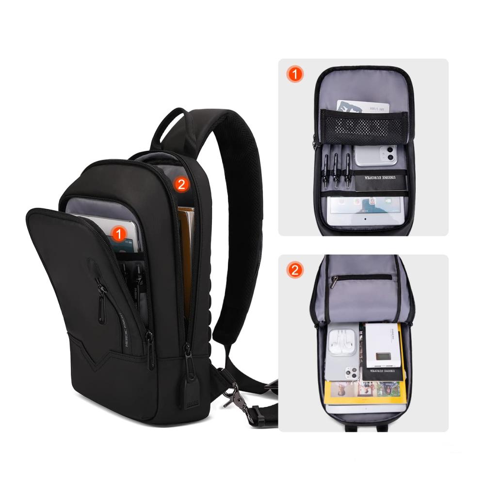 HEROIC KNIGHT Herren Schultertasche - Wasserdichte Brusttasche mit USB-Ladenanschluss für Reise Freizeit und Business in Schwarz