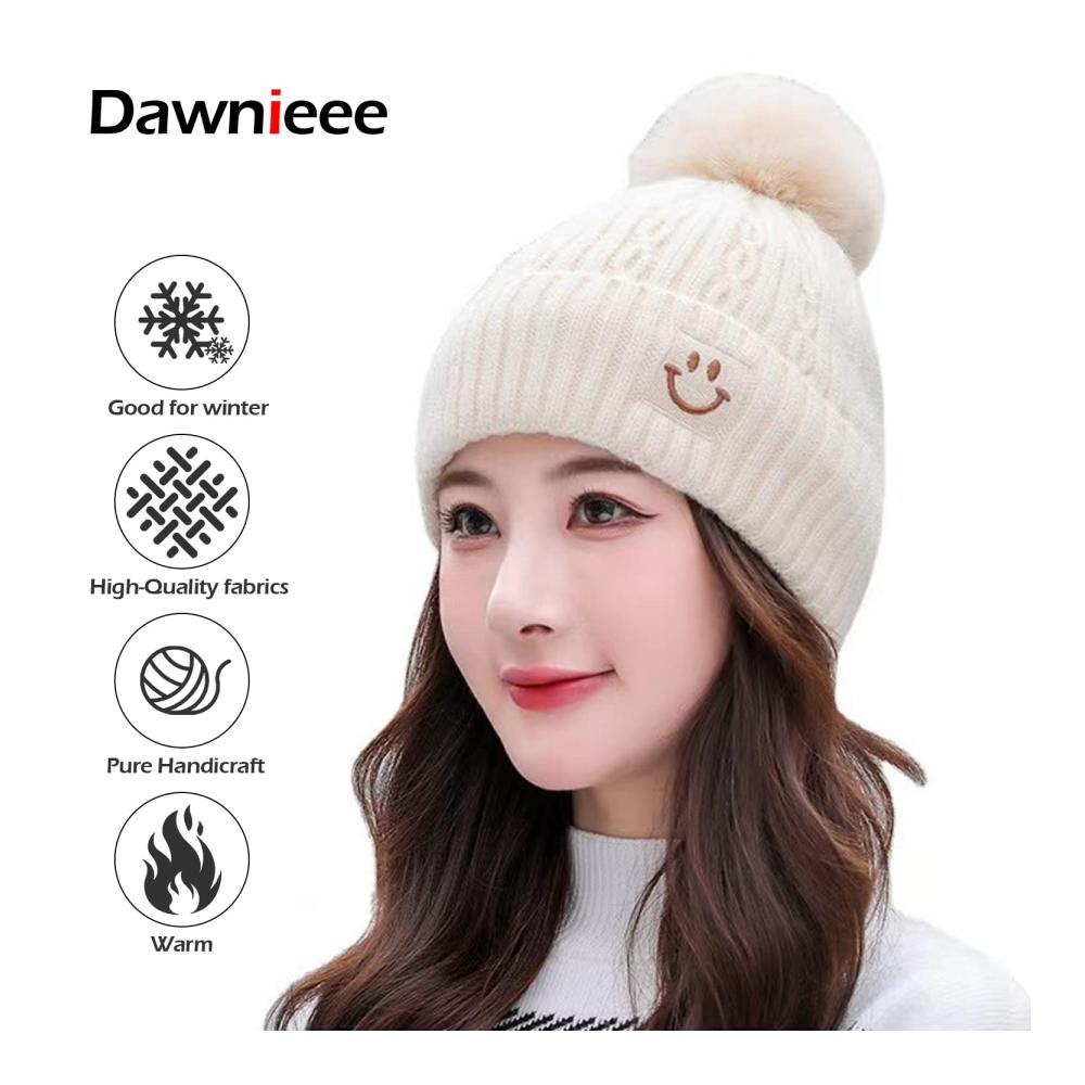 Damen Winter Strickmütze mit Weichem Innenfutter und Pompom - Warme Schneemütze in Dicker Strickoptik
