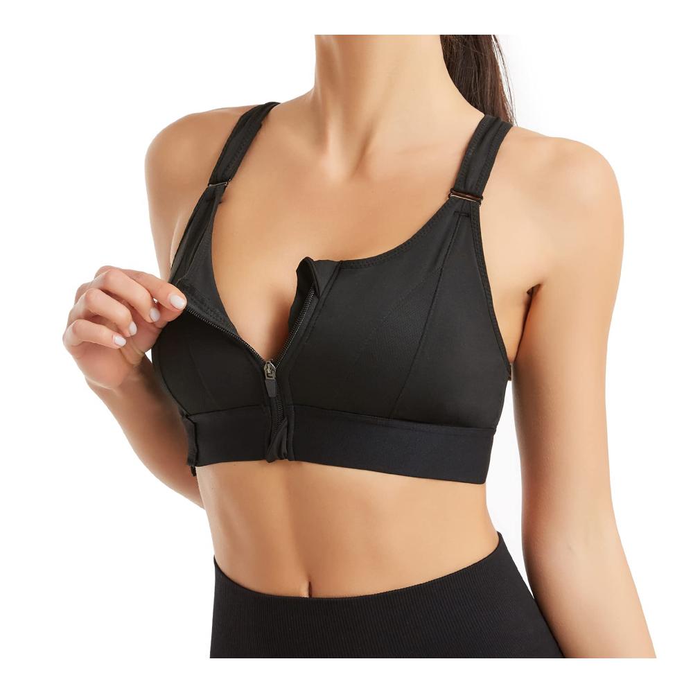 Sport-BH Damen Starker Halt Push-Up Front-Zip Vorderverschluss große Brüste verstellbare Träger gekreuzter Rücken - Ideal für Fitness Training