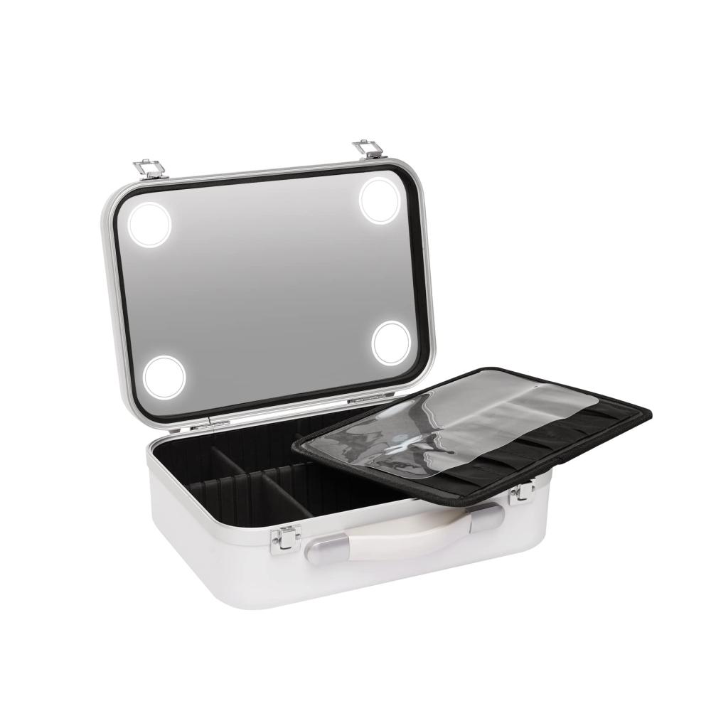 Multifunktionale Make-up-Box mit verstellbarem Beinspiegel dimmbaren LED-Lampen und kippbarem Spiegel – Friseur-Roller aus beleuchteter Aluminiumlegierung