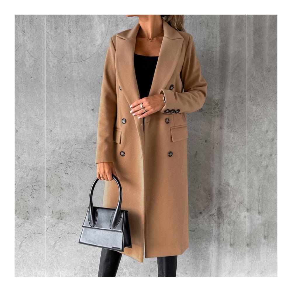 Damen Wollmantel mit doppelreihigen Knöpfen | Langärmliger Trenchcoat winddicht und schmal geschnitten mit klassischem Revers