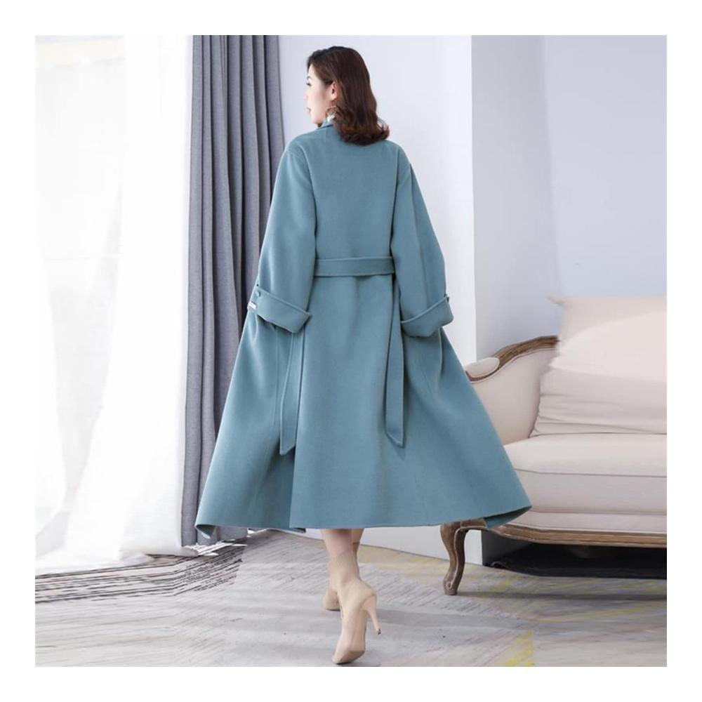 Damen Wintermantel Eleganter Wollmantel in Seeblau und Schwarz mit Gürtel
