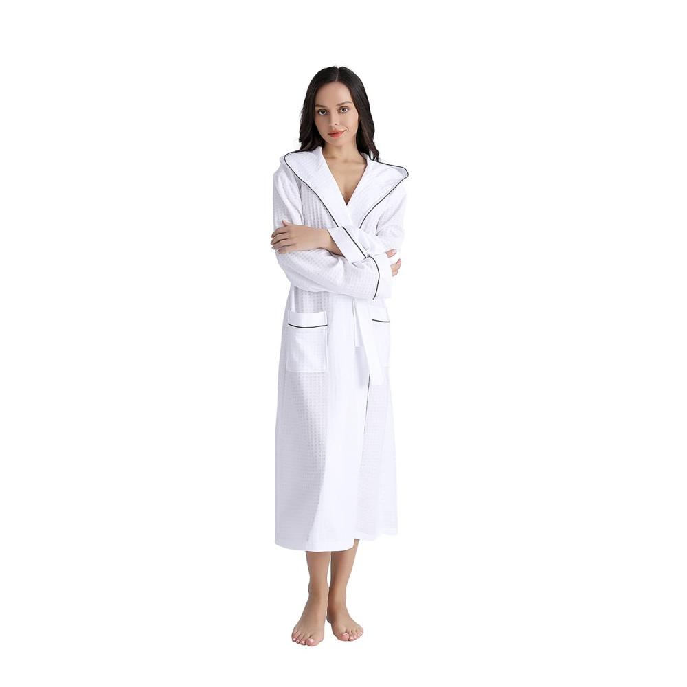 Bademantel Damen – Leichter Lang Morgenmantel mit Kapuze Waffelstruktur Saunamantel Unisex Kimono Robe