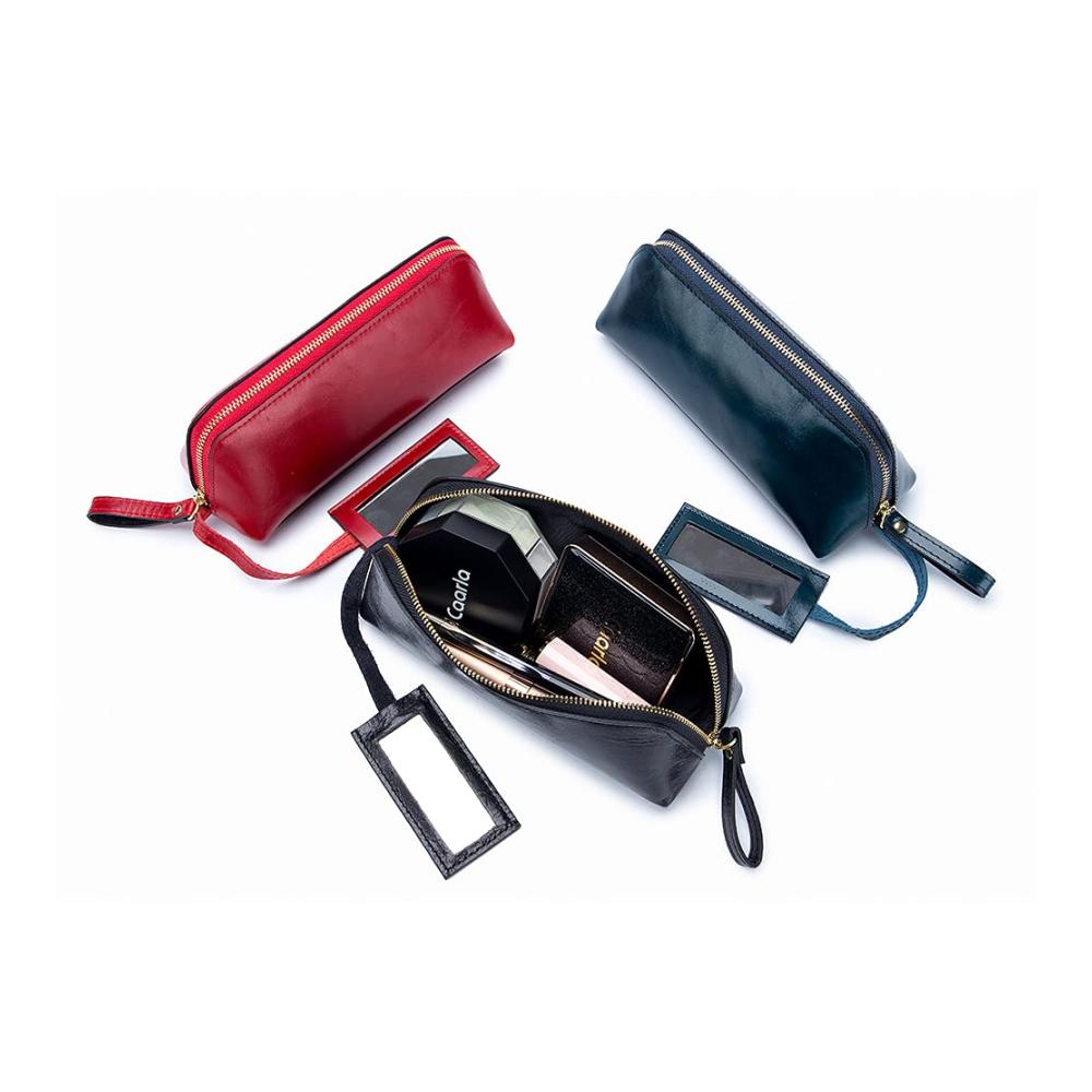 Exquisite Damen Kosmetiktasche – Tragbare hochwertige Clutch aus rotem Leder modern und multifunktional ideal für unterwegs – Kleine Make-up-Tasche im S-Format