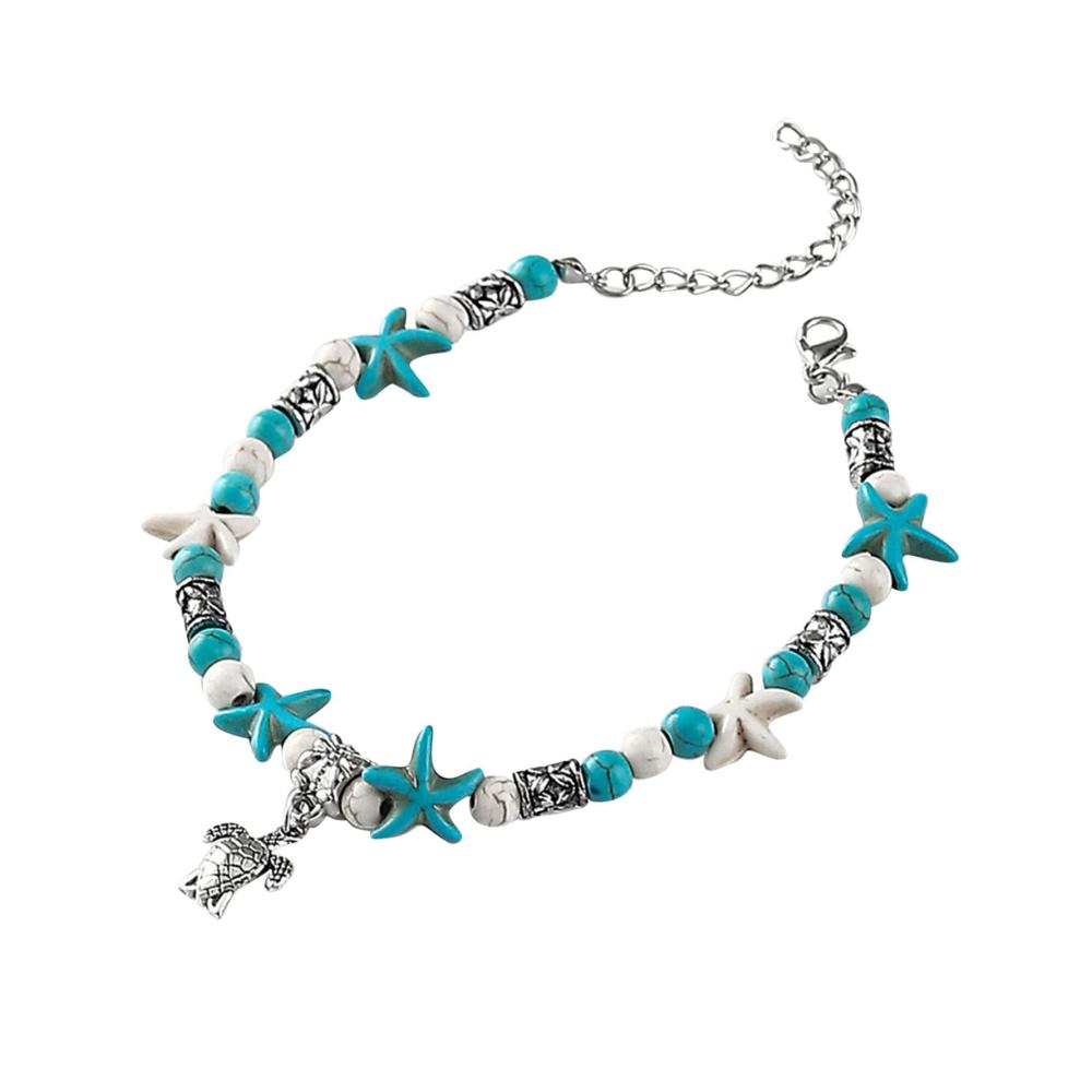 Boho Fußkettchen-Set Schildkrötenanhänger Ring- und Perlenanhänger passende Ringe Mond Bettelarmband