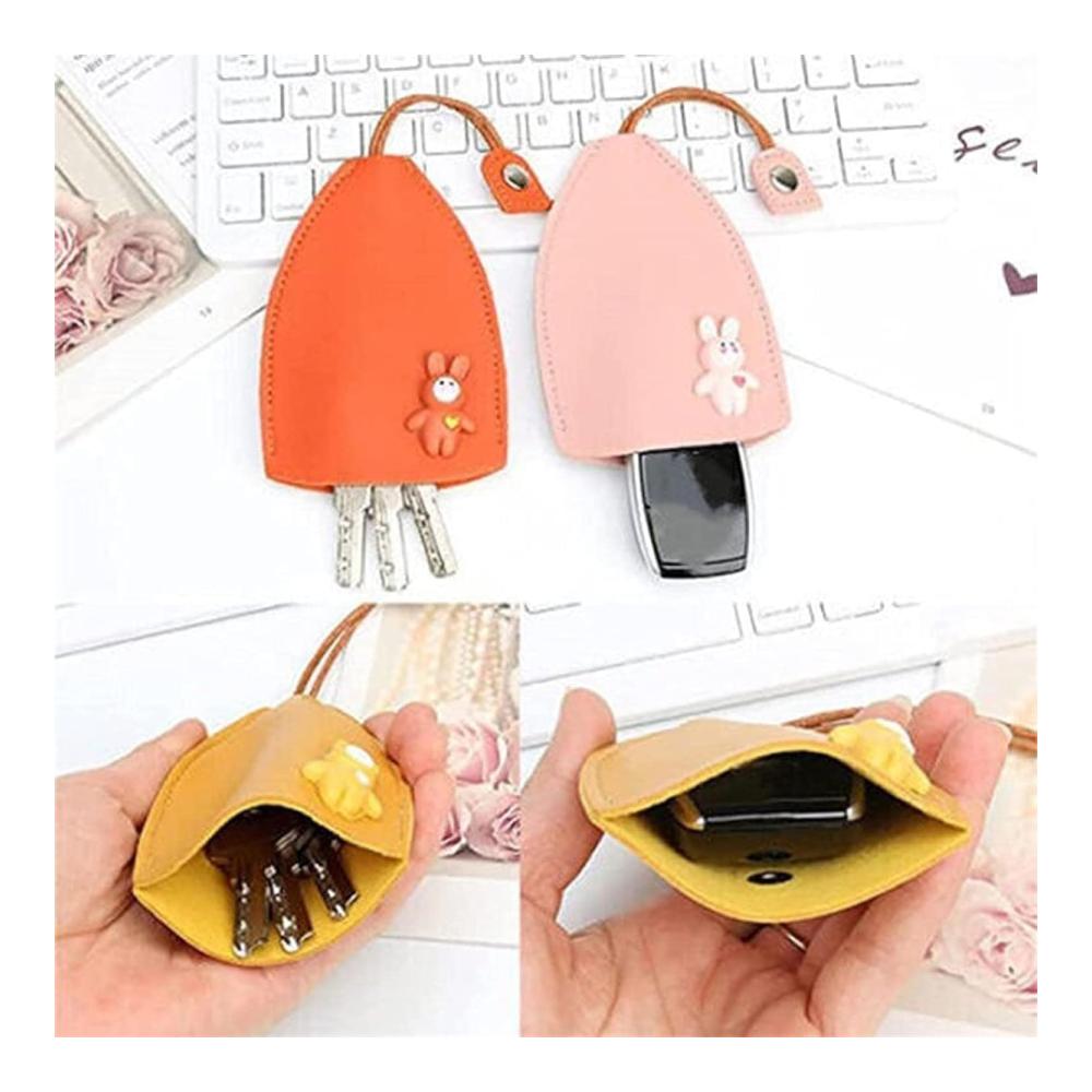 Leather Key Holder Pack - Cute Fruit Designs Unisex Pull-Type Key Pouches for Household Use (Red Cat) - Set of 4