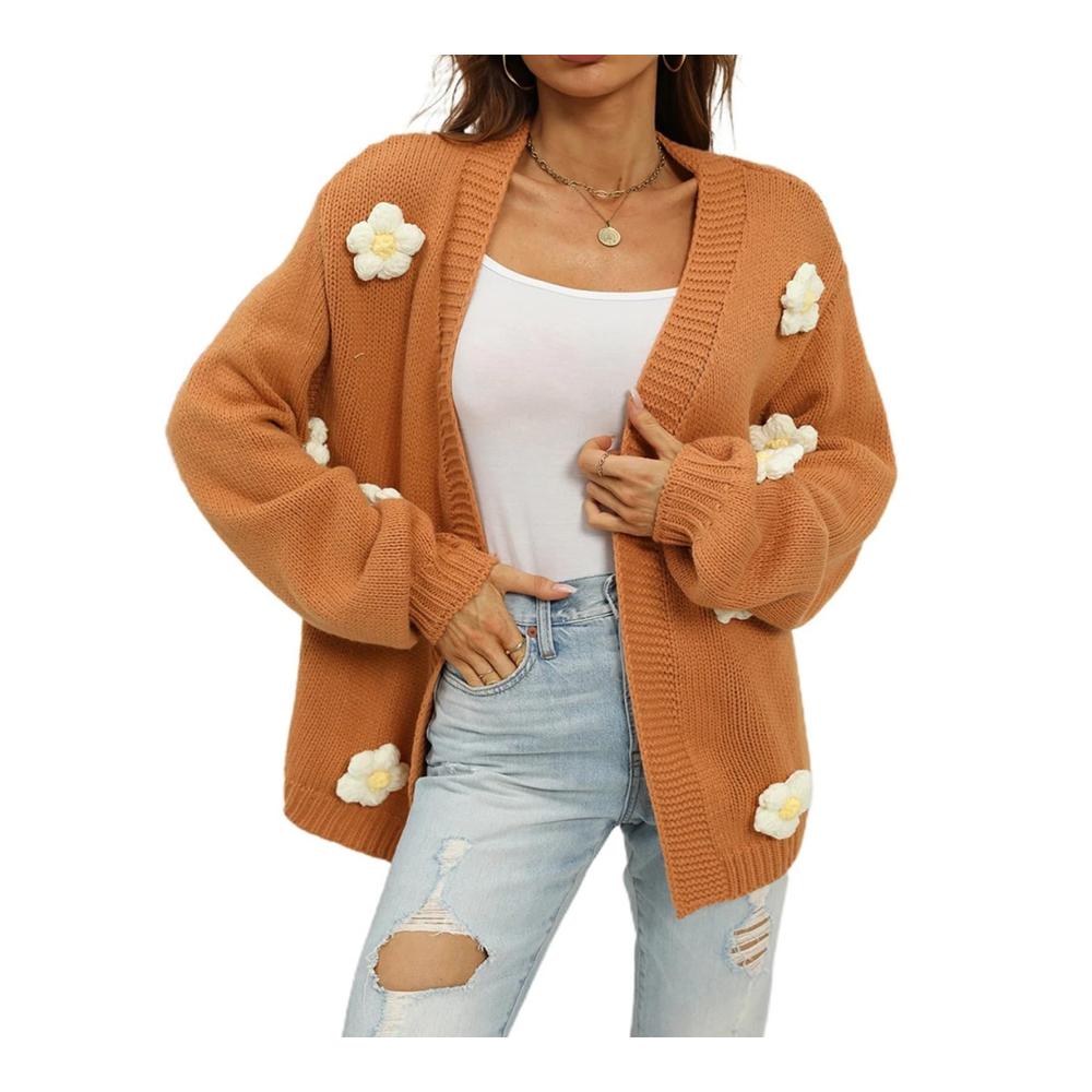 Blumen-Laternenärmel Strickjacke Lockere Häkelpullover für Damen Herbst-Winter-Mode