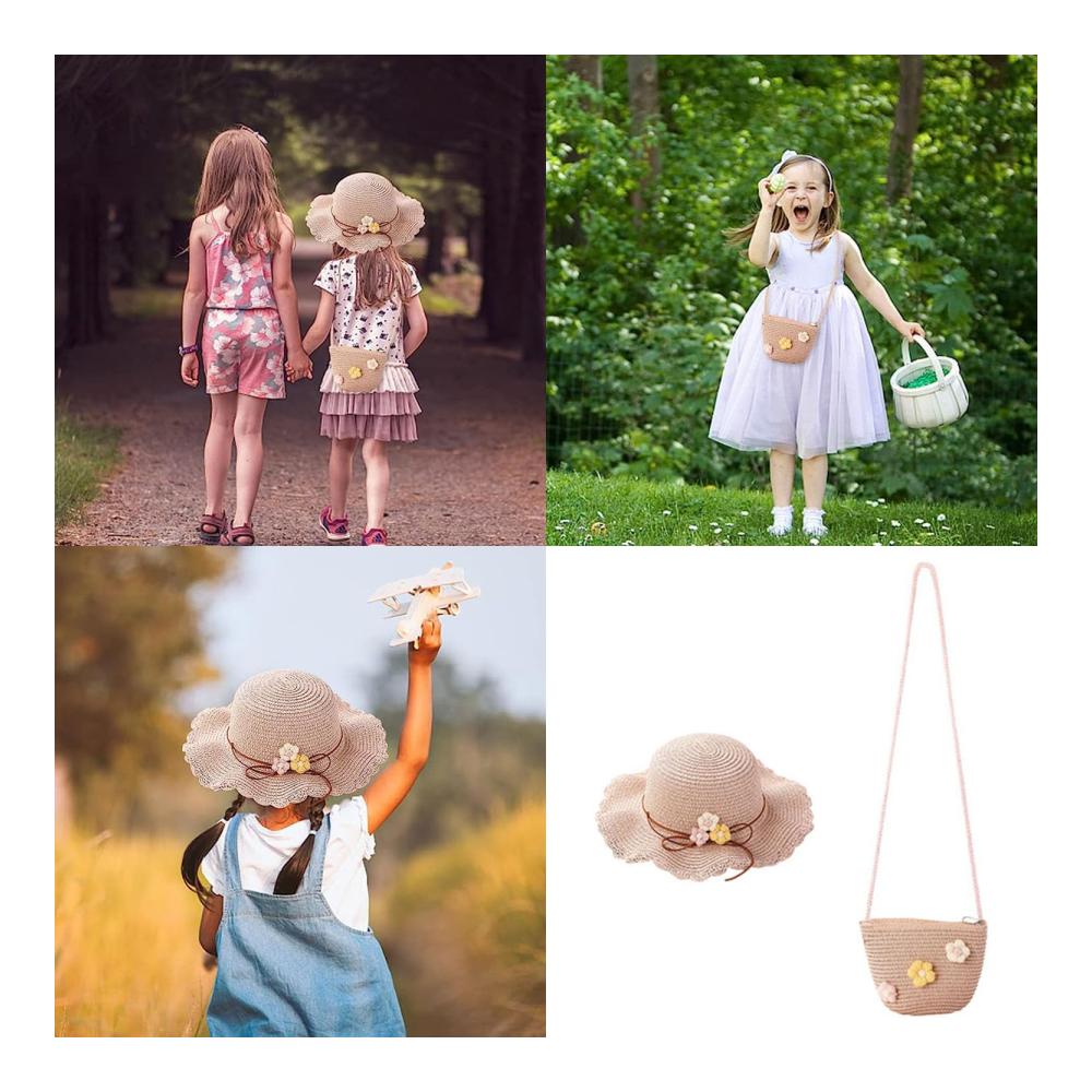 Stroh-Sonnenhut-Set für Kinder Mädchen Sonnenhüte mit kleiner Tasche - ideal für den Strandurlaub und Outdoor-Aktivitäten