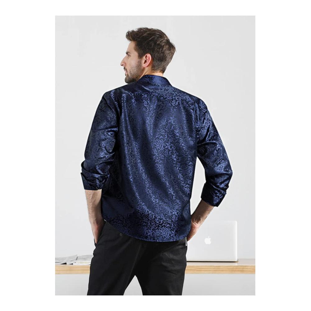 Herren Freizeithemd Langarm Navy blau Satin mit Blumenmuster Seide Regular Fit & Button-Down