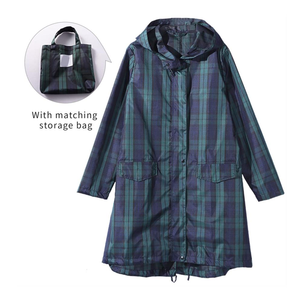 Damen Regenmantel mit Plaid-Muster | Lange Wasserdichte Regenjacke für Wandern Reisen und Outdoor-Aktivitäten | Windjacke & Regenponcho für Damen