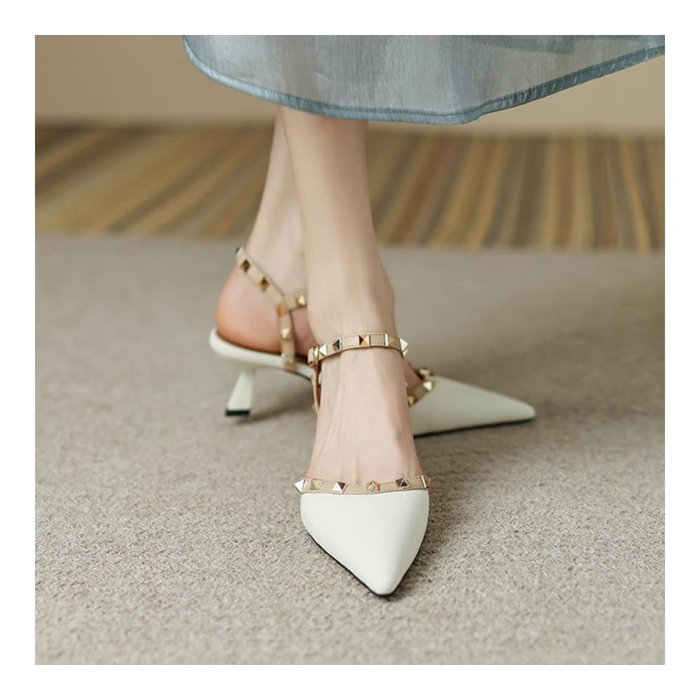 Niedrige Kitten-Heels-Pumps Damen Spitze Riemchen-Nieten-Schuhe geschlossene Zehen-High Heels Slingback-Pumps Sommer-Party-Sandalen (Weiß EU(CN) 39/US8