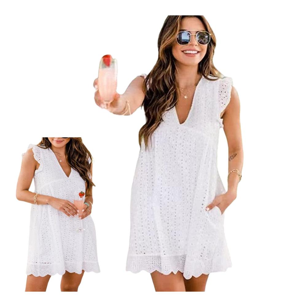 California Romper Dress Loose V-Neck Summer Jumpsuit with Shorts Pockets and Solid Color Skirt in Comfortable Cotton Fabric