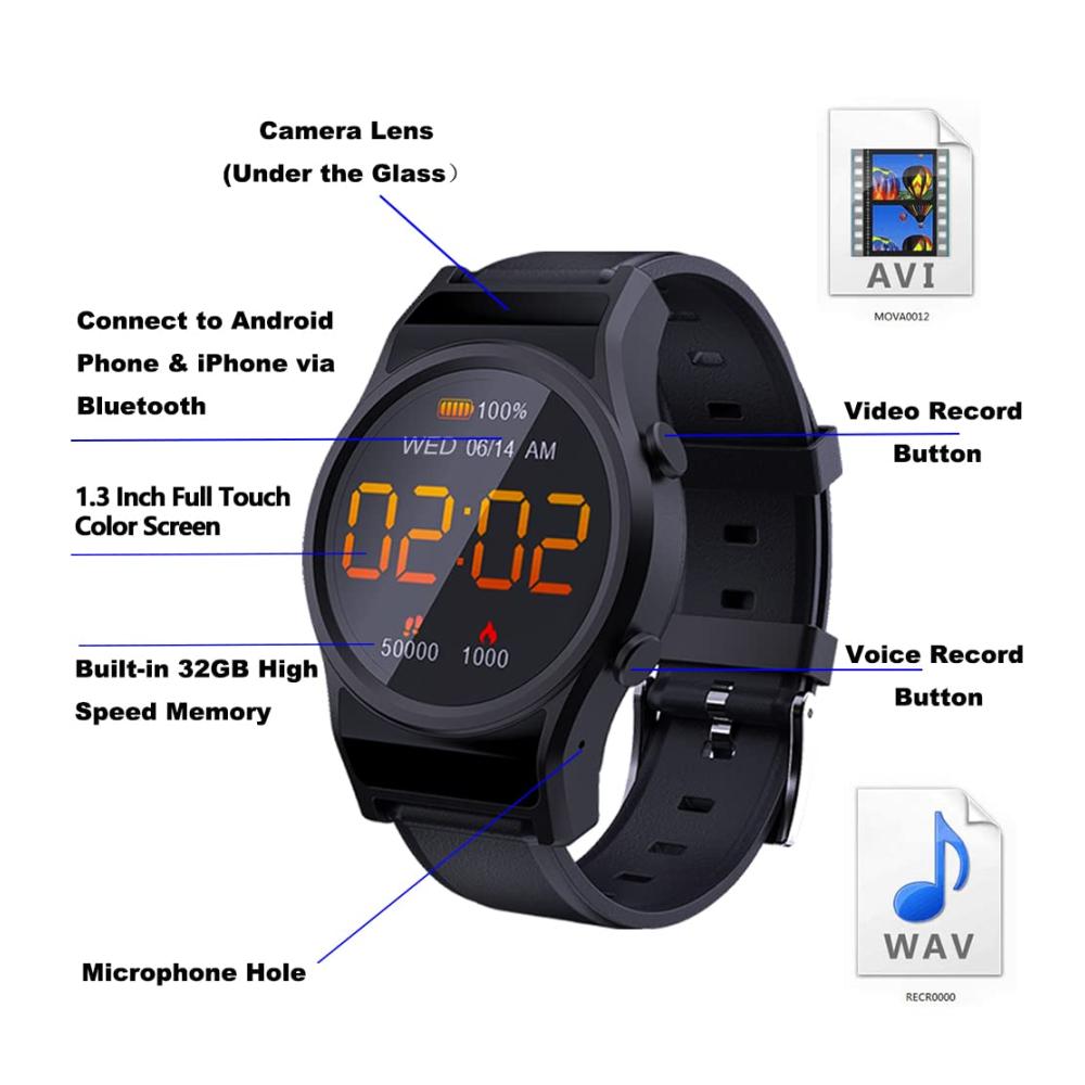 1080P Mini Kamera Smartwatch IPX6 Wasserdicht Versteckte Cam für Android iOS Überwachung & Aufnahme von Video/Audio Tragbare Gear für Outdoor - Fashion Smartwatches