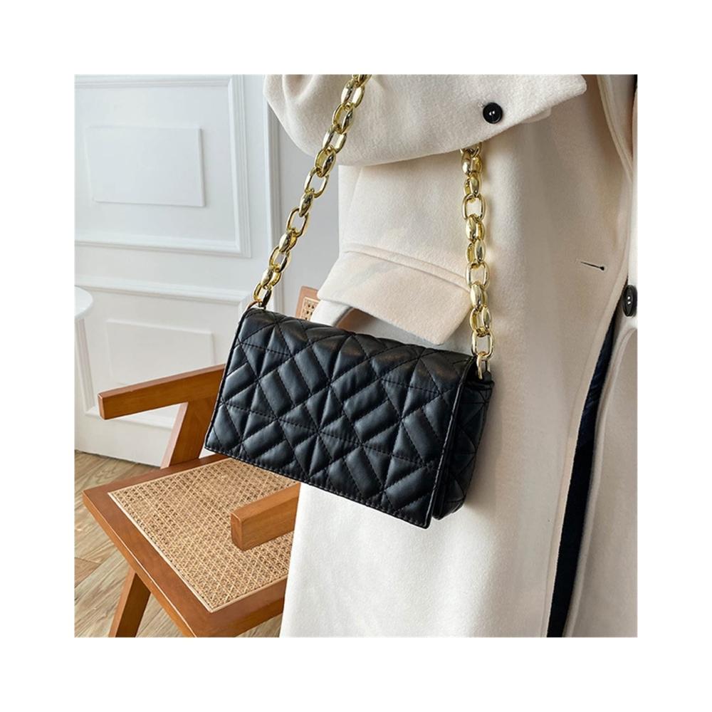 Schultertaschen 2023 Trendige Karomuster Umhängetasche mit Dicker Kette - Damen Handtasche in Schwarz (23x14x6cm
