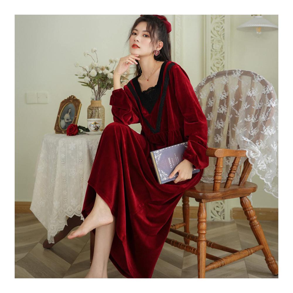 Gold Samt Victorian Langarm Nachthemden für Damen - Warme Pyjamas in Plus-Größe mit Palace Style. Ideal für den Innen- und Außenbereich kann als locker sitzende Hauskleidung getragen werden. Red-XL
