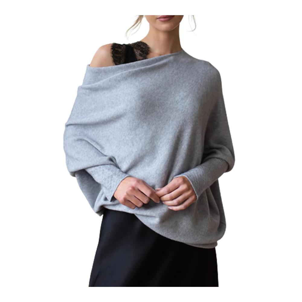 Asymmetrischer Damenpullover Schulterfrei mit Langen Fledermausärmeln & Drapierung