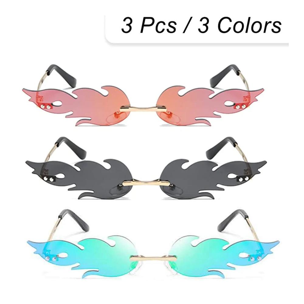 3er-Pack Randlose Metallflammen-Sonnenbrillen LJCC Unisex - Grau Rot Grün (088) - Partybrillen im modischen Punk-Stil