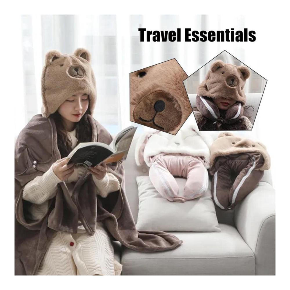 2in1 Reisekissen mit Decke - Weiches Fleece Ideal für Langflüge im Auto und Flugzeug - Großes warmes und platzsparendes Essentials Folda Hut