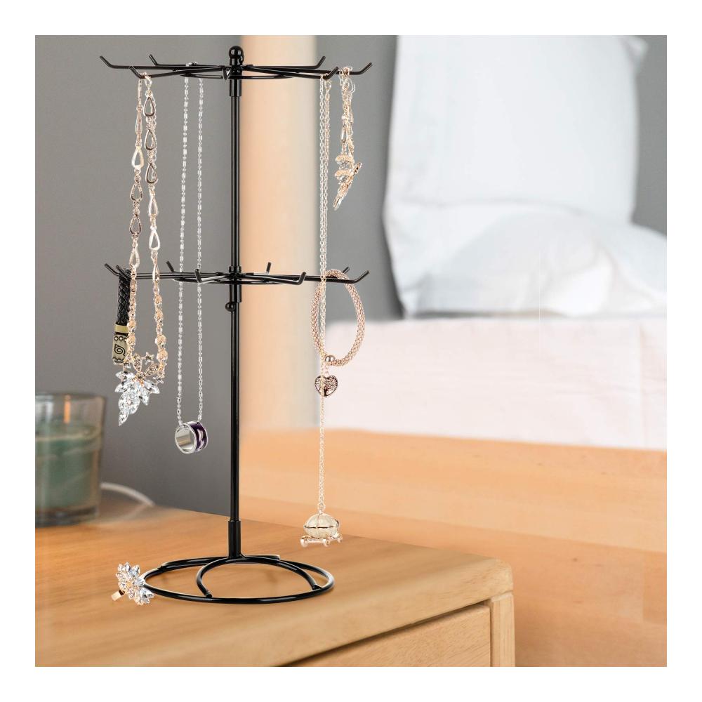 Drehbarer Metall-Schmuckständer Platzsparende 208 x 414 cm Schmuckaufbewahrung für Halsketten Armbänder Ohrringe und Ringe – Doppellagiger Turm für stilvolle Organisation
