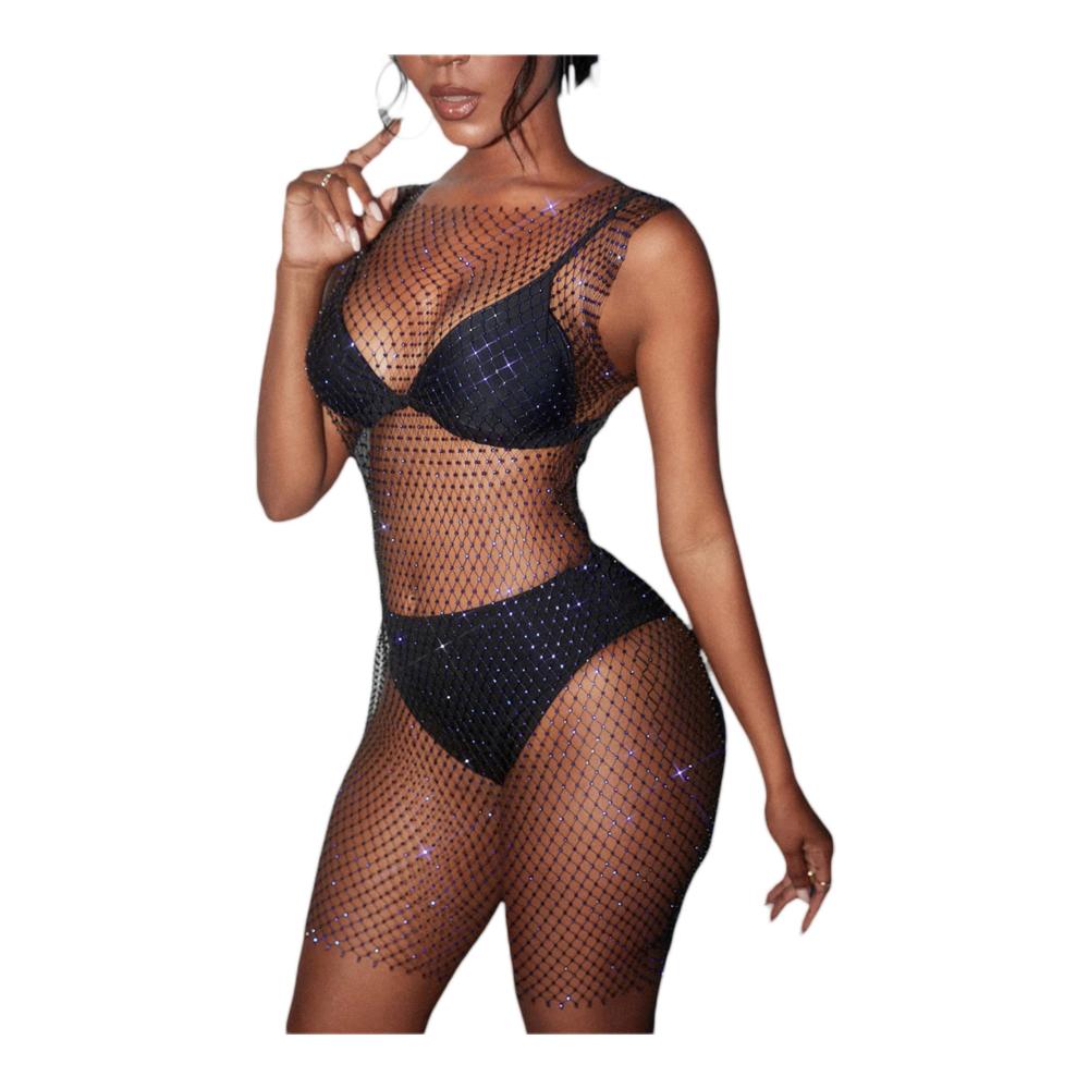 GuliriFe Damen Sexy Strass Mesh Kleid - Bikini Cover Up für Rave Festival & Club in Schwarz - Pareos & Strandkleider für einen verführerischen Badeanzug-Look