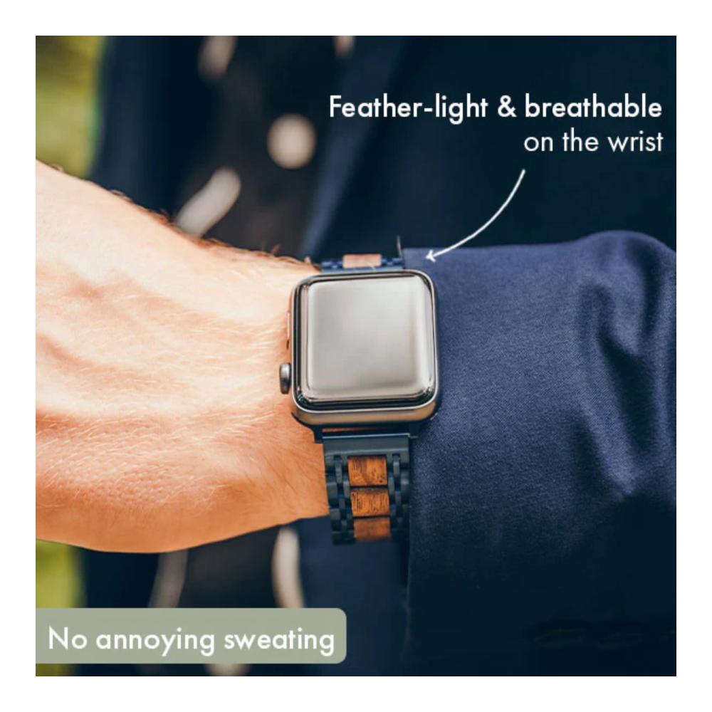 Natürliches Walnuss-Edelstahl-Armband für Apple Watch | Ersatzarmband Holz Blau | Kompatibel mit Serie 8 7 6 5 4 3 2 1 | 42mm 44mm 45mm | Hochwertiges Metallarmband Ultra & SE