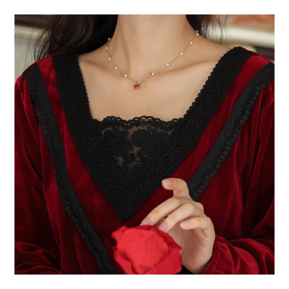 Gold Samt Victorian Langarm Nachthemden für Damen - Warme Pyjamas in Plus-Größe mit Palace Style. Ideal für den Innen- und Außenbereich kann als locker sitzende Hauskleidung getragen werden. Red-XL