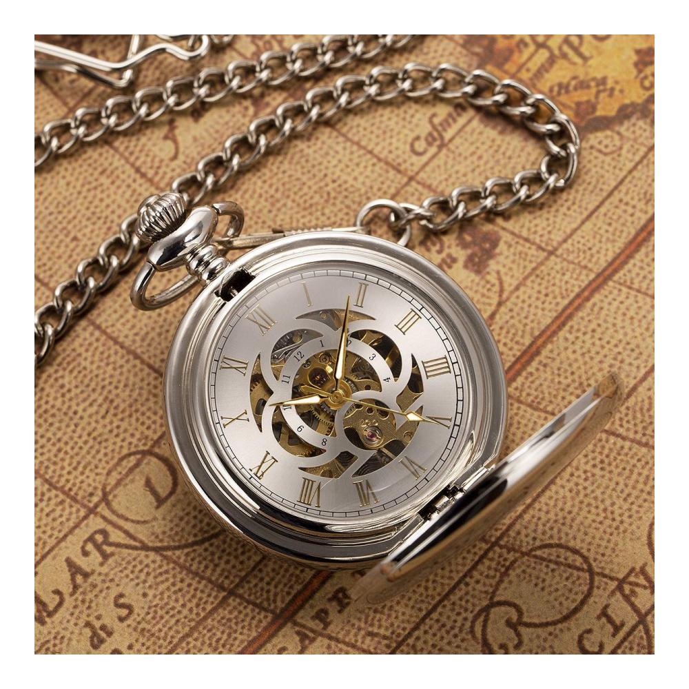 Antike Römische Herren-Taschenuhr mit Kette | Handaufzug Bi-Hinged Silber Graviert | Analog Zeitmessung | Exklusive Vintage Taschenuhr