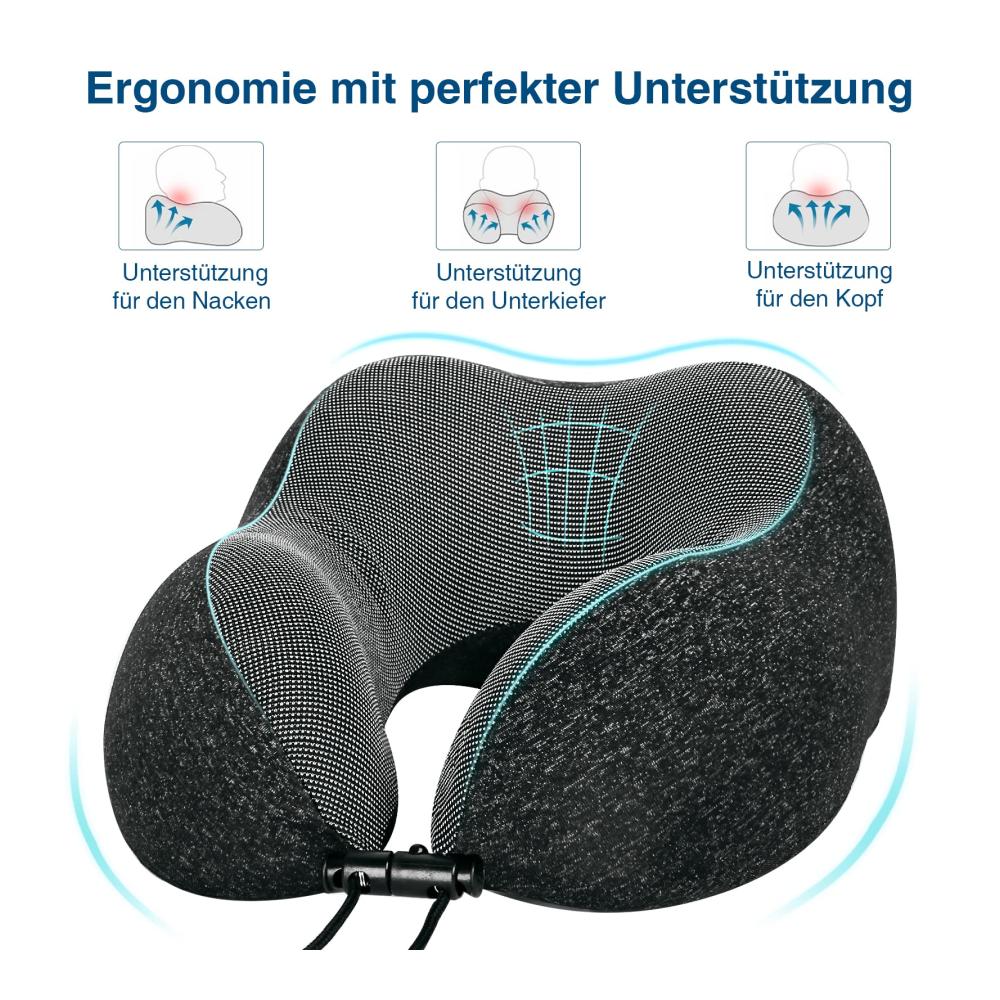Memory Foam Nackenkissen für unterwegs - Reisekissen für Flugzeug Auto Zug Büro - Schnell verpackbares Nackenstützkissen aus 100% reinem Memory Foam - Perfektes Nackenhörnchen für Camping und Erwachsene