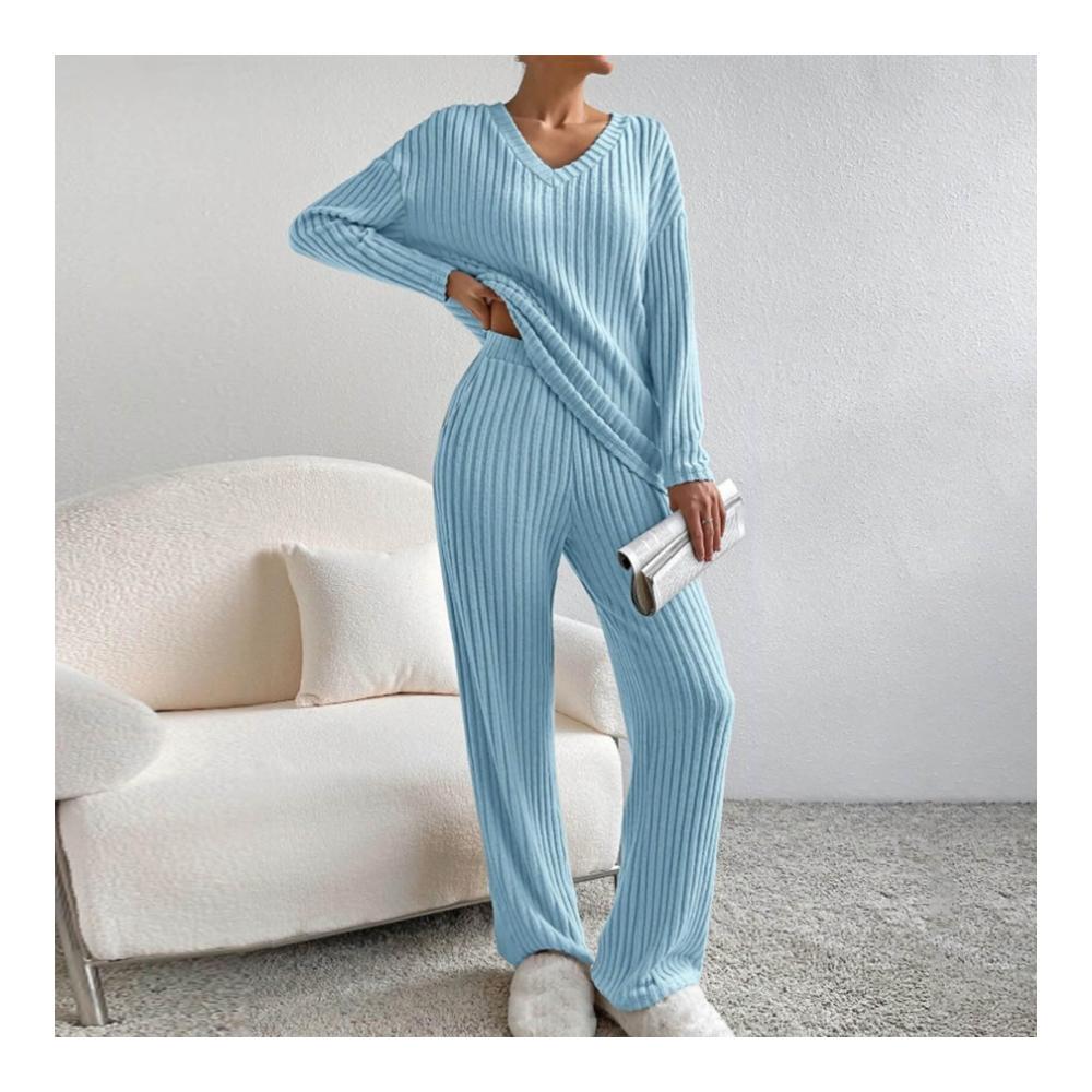 Damen Trainingsanzug Lockerer V-Ausschnitt-Pullover & lässige Hose für Jogging (2-teilig