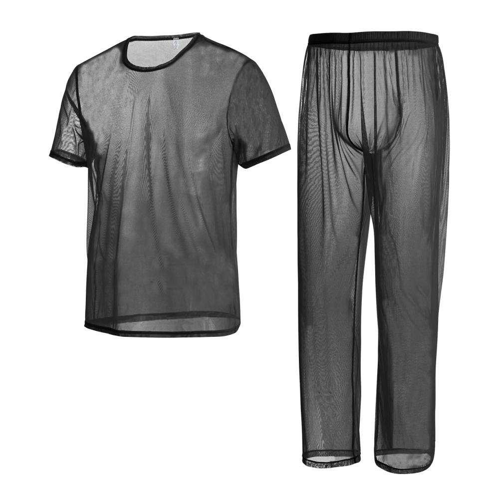Herren Transparente Schlafanzug-Sets Sexy Mesh T-Shirt und Lounge-Hose von ZAIGELUO – Bequeme Nachtwäsche