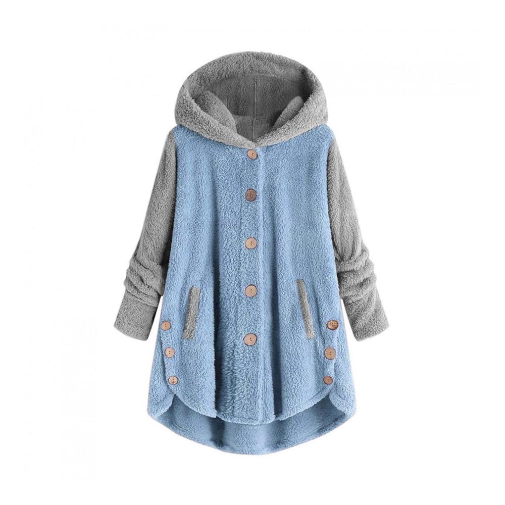 Damen Wintermäntel Langarm-Plüschjacken Colorblock-Optik Teddy-Wollmantel mit Kapuze und Taschen warmer Knopfverschluss - Trendige Freizeitjacken für kalte Tage