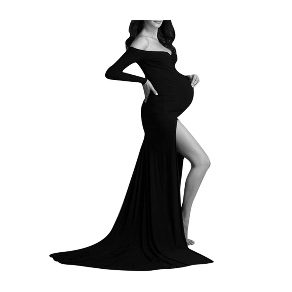 Kleider Frauen Baumwolle Mutterschaft Bodycon Maxi Kleid für Foto-Shooting - Elegantes Off-Shoulder-Design mit hoher Beinschlitzung