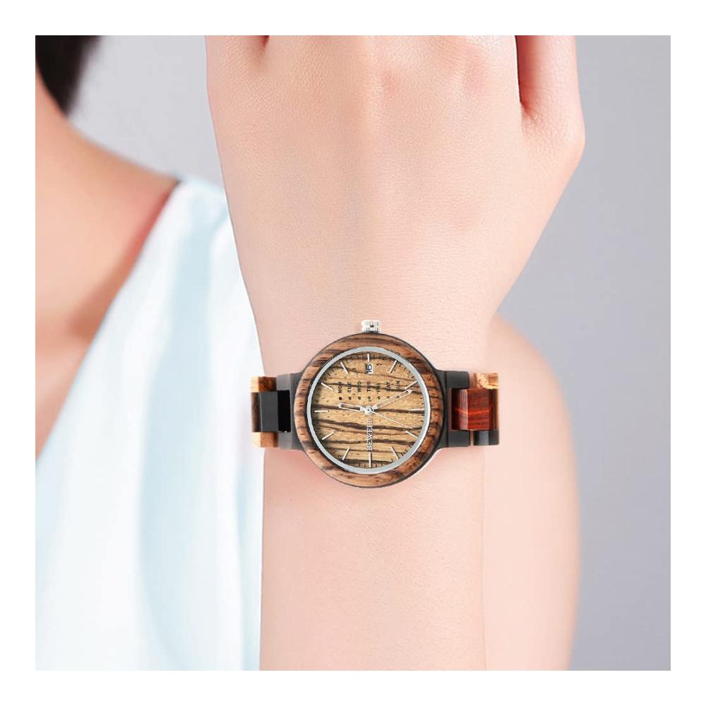 Sandelholz Armbanduhr für Damen mit Japanischer Analogbewegung und Kalender - Stilvolle Armbanduhren 020AL