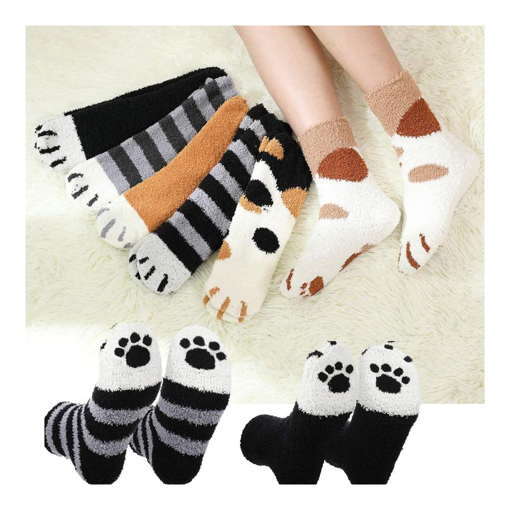 Warme Damen Stoppersocken 5er Pack | Flauschige Coral Fleece Katzensocken | Winter Hausschuhsocken mit Katzenkrallen | Damen-Mittelrohrsocken für Zuhause | Fuzzy Plüsch Schlafsocken